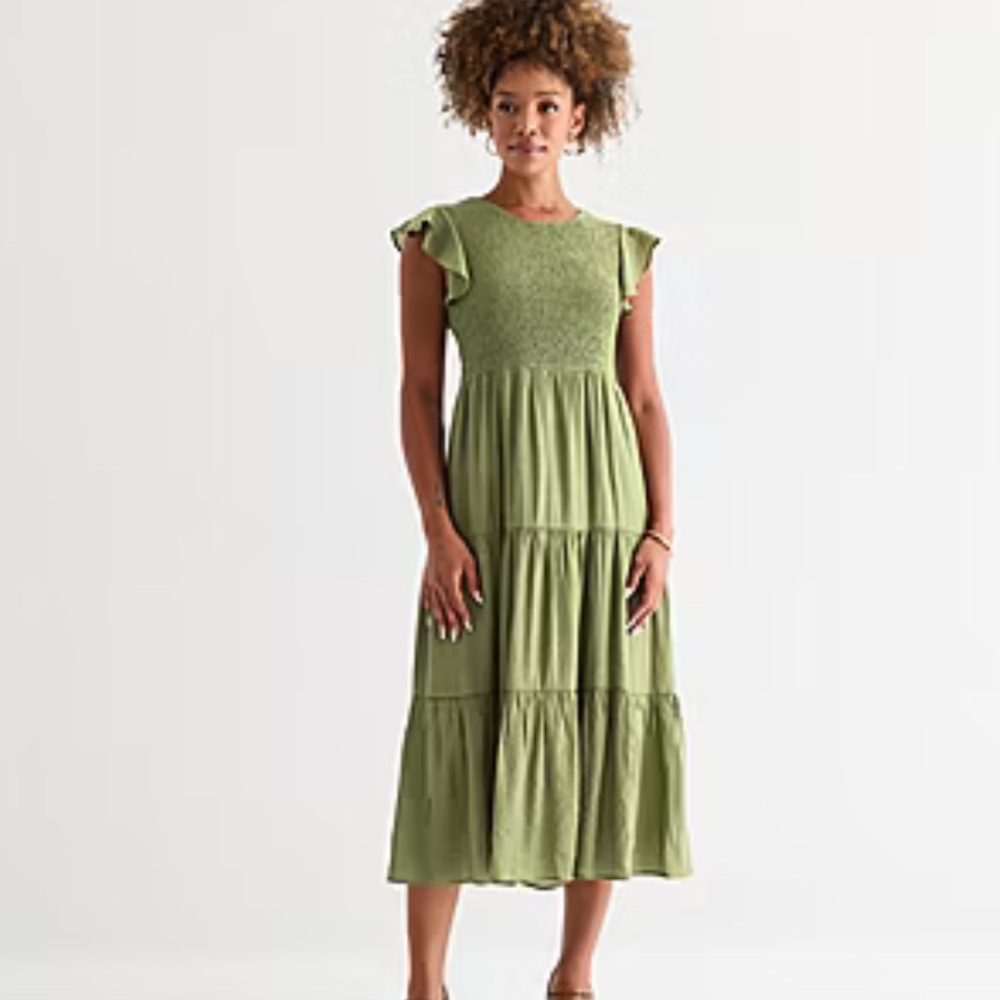 Olive Green Tiered Midi Dress with Flutter Sleeves by Isabel & Nina Sz L